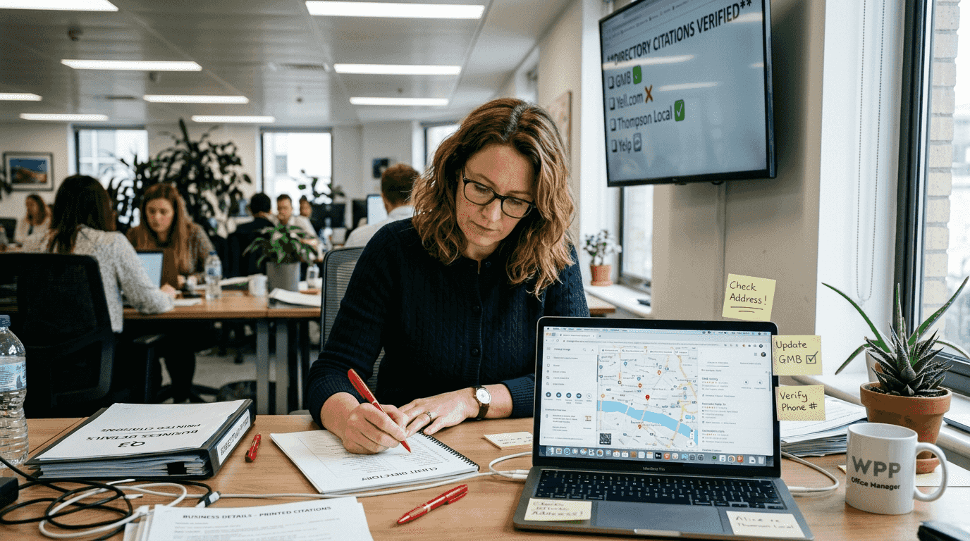 Manager verifying business directory citations