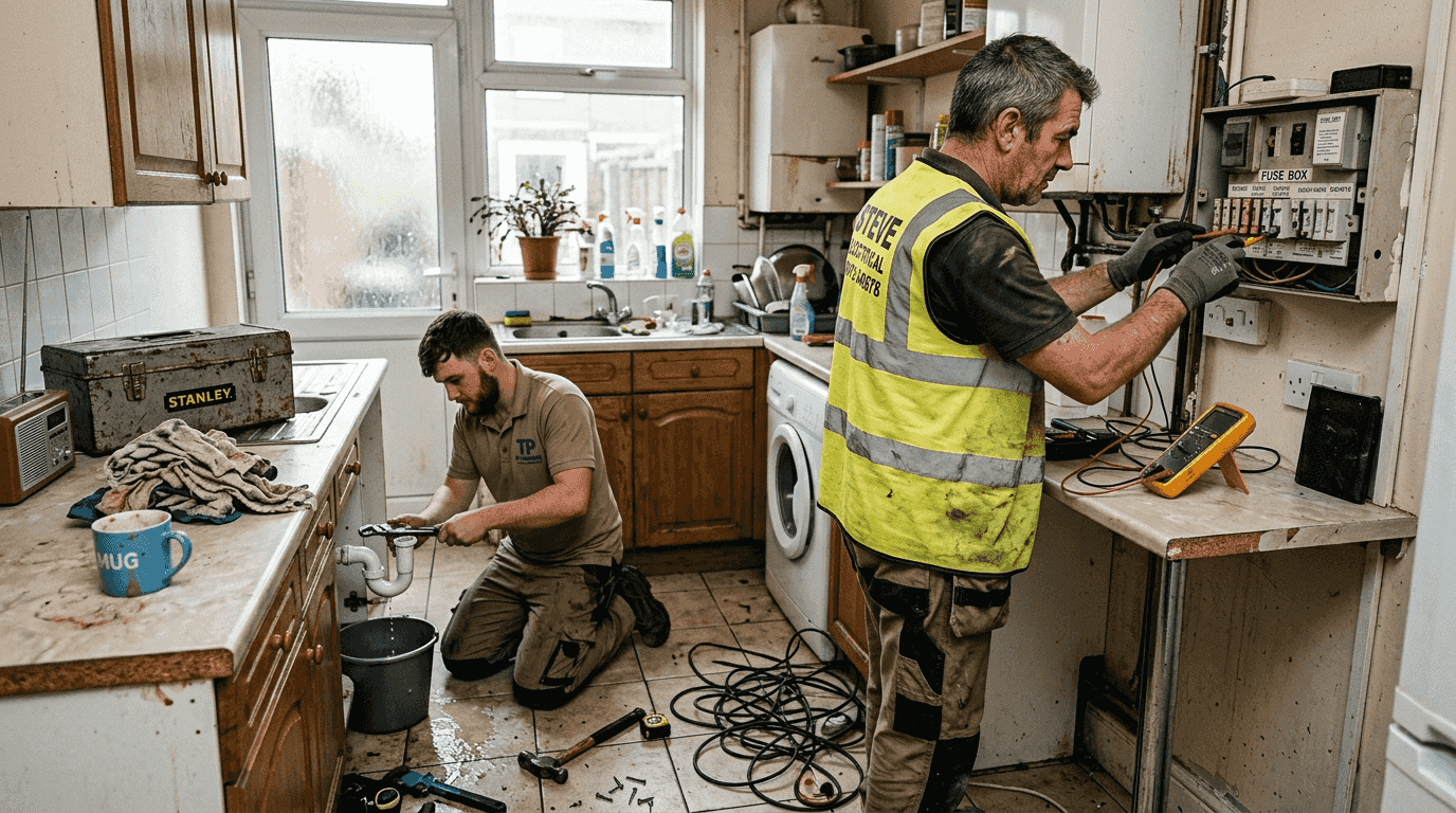 Tradesperson repairing electrics in UK kitchen