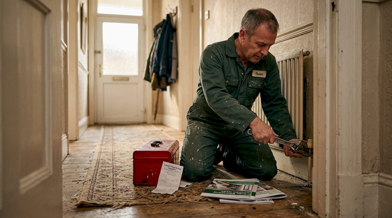 Tradesman repairing radiator in UK home