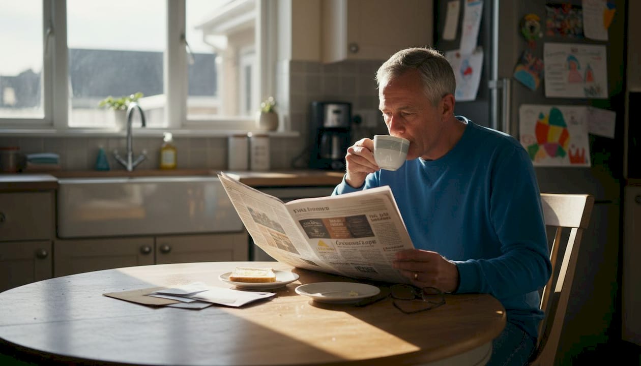 Man reading newspaper with local business adverts