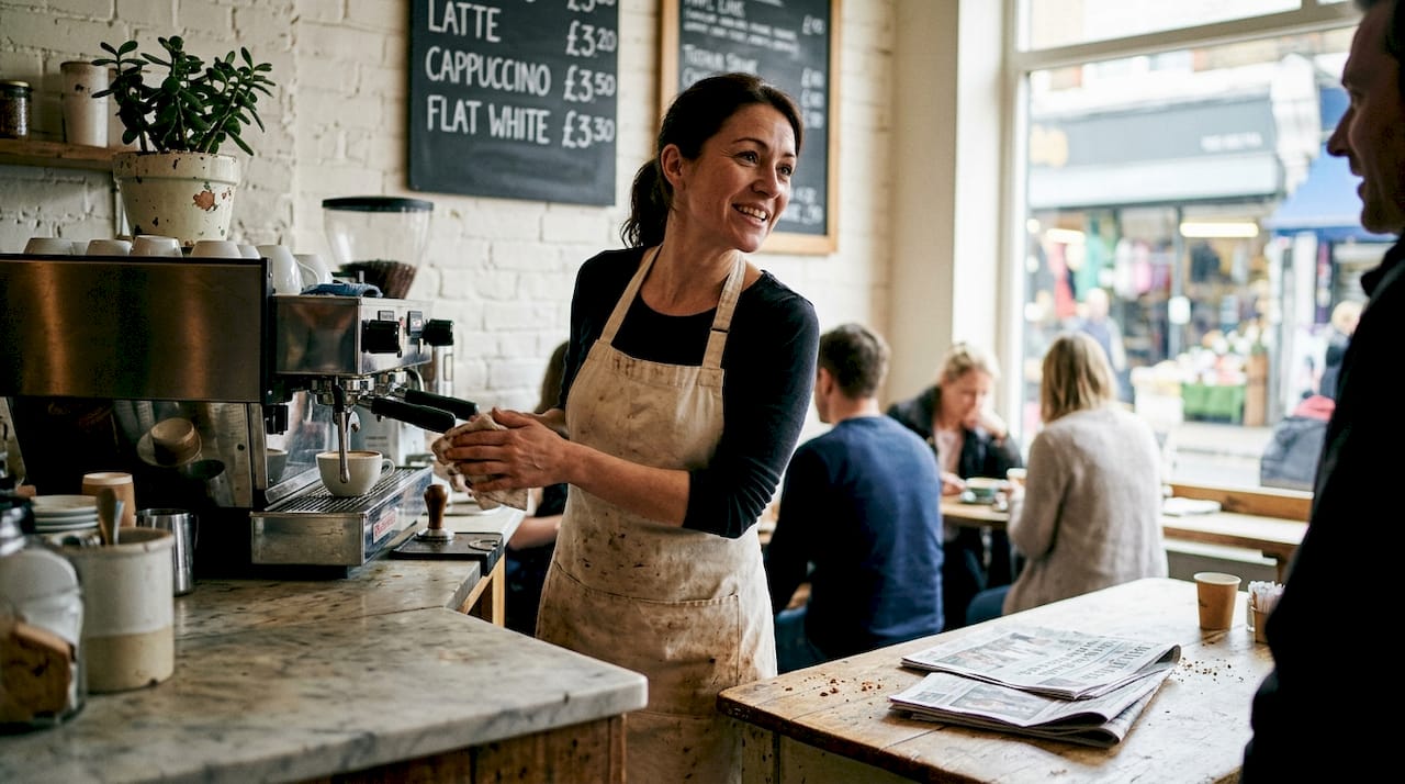 Barista serving coffee in local cafe