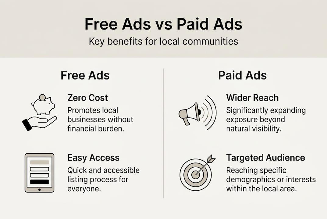 Infographic comparing free ads and paid ads features