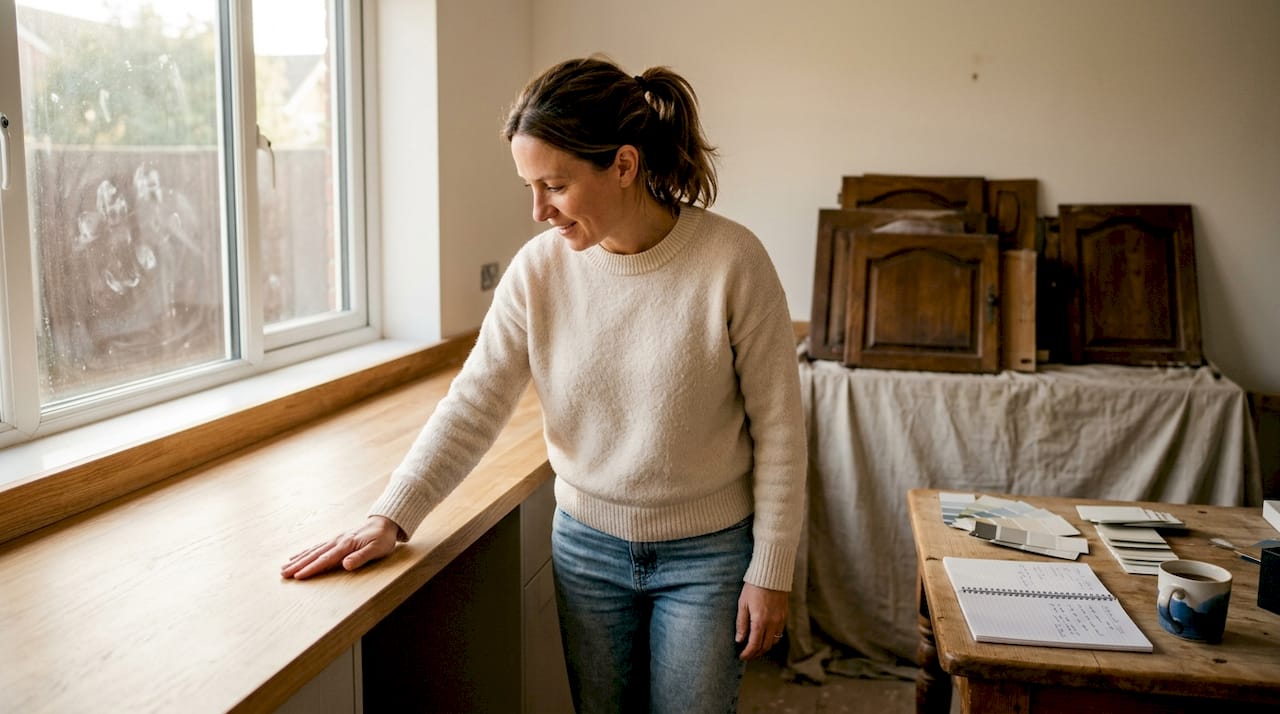 Homeowner inspecting newly renovated kitchen