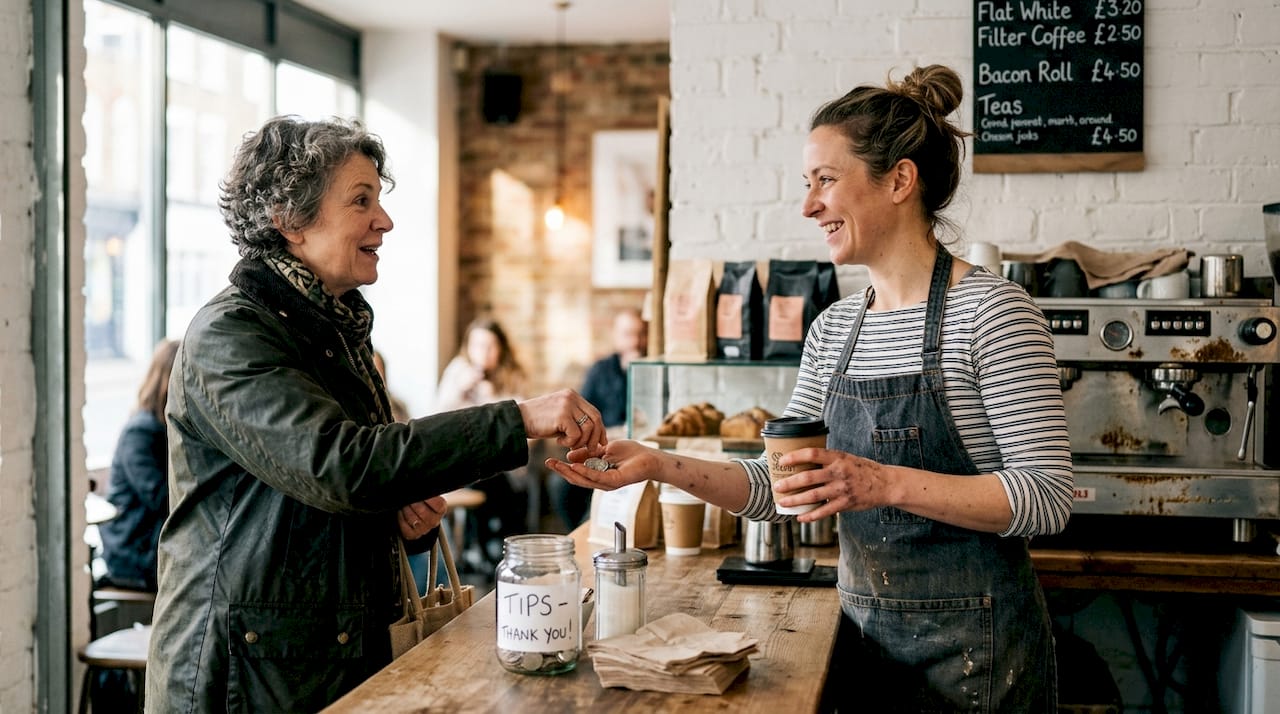 Customer paying at small local cafe counter