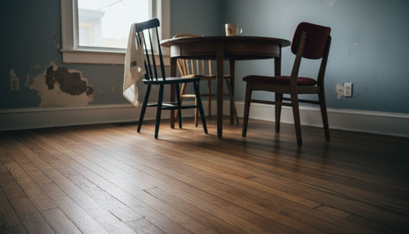 Dining nook with wide plank hardwood visual flow