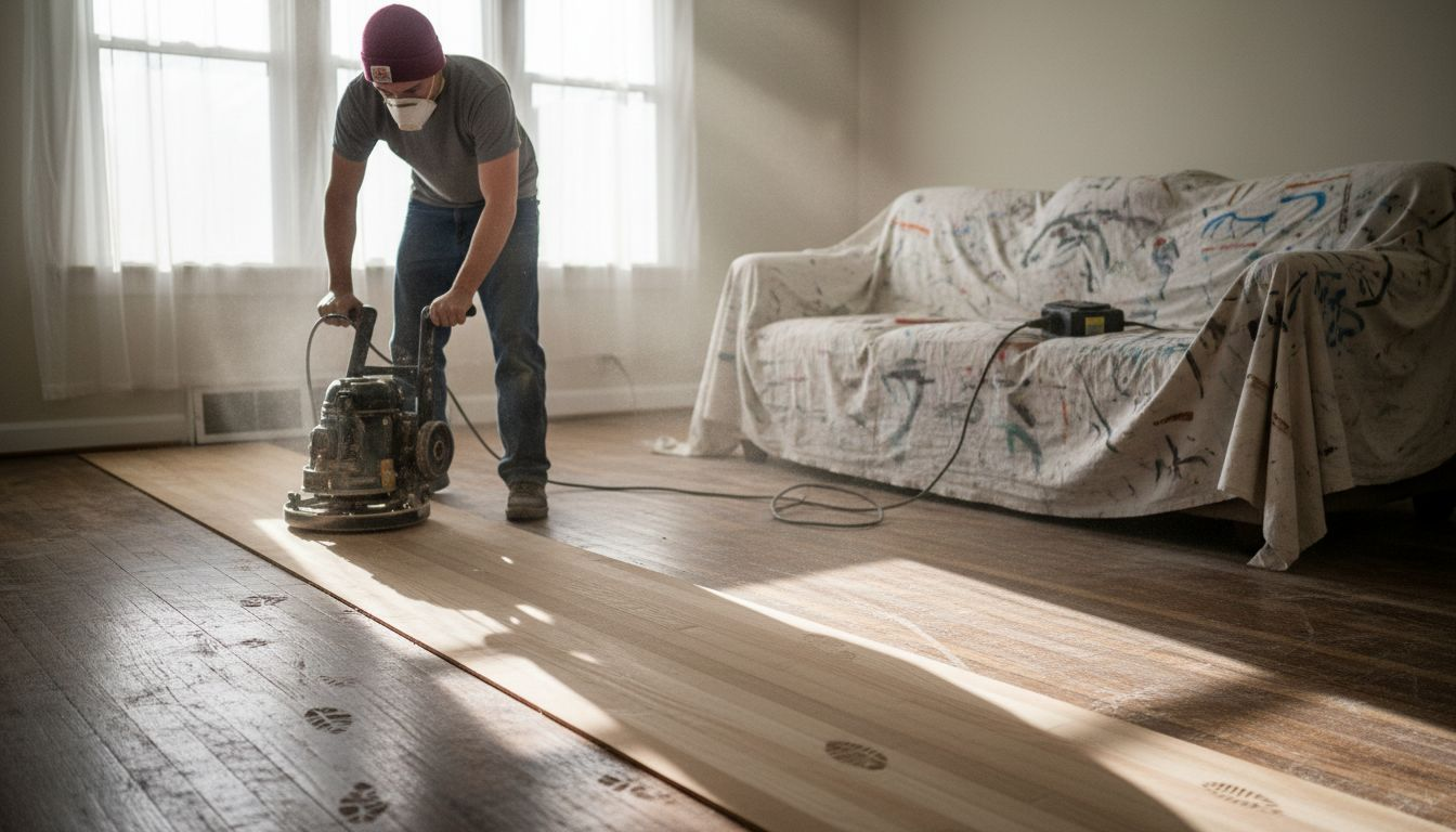 Person sanding hardwood floor with drum sander