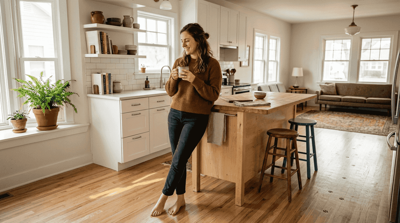 Blonde oak floor in sunlit kitchen