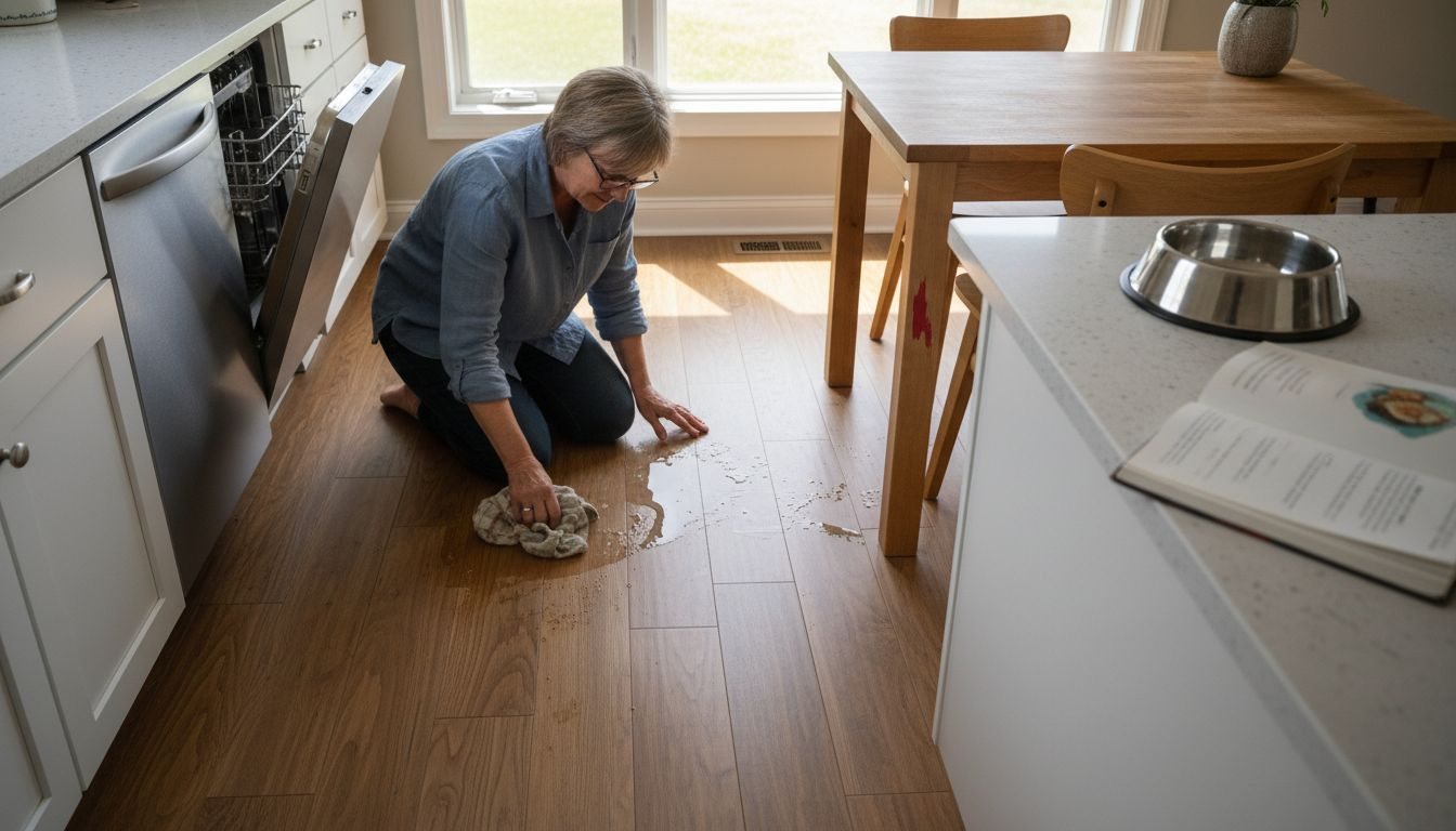 Woman cleaning spill on kitchen wood floor