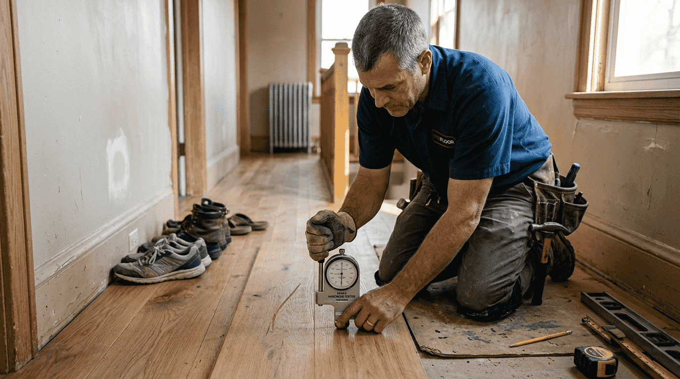 Installer performing Janka hardness test on floor