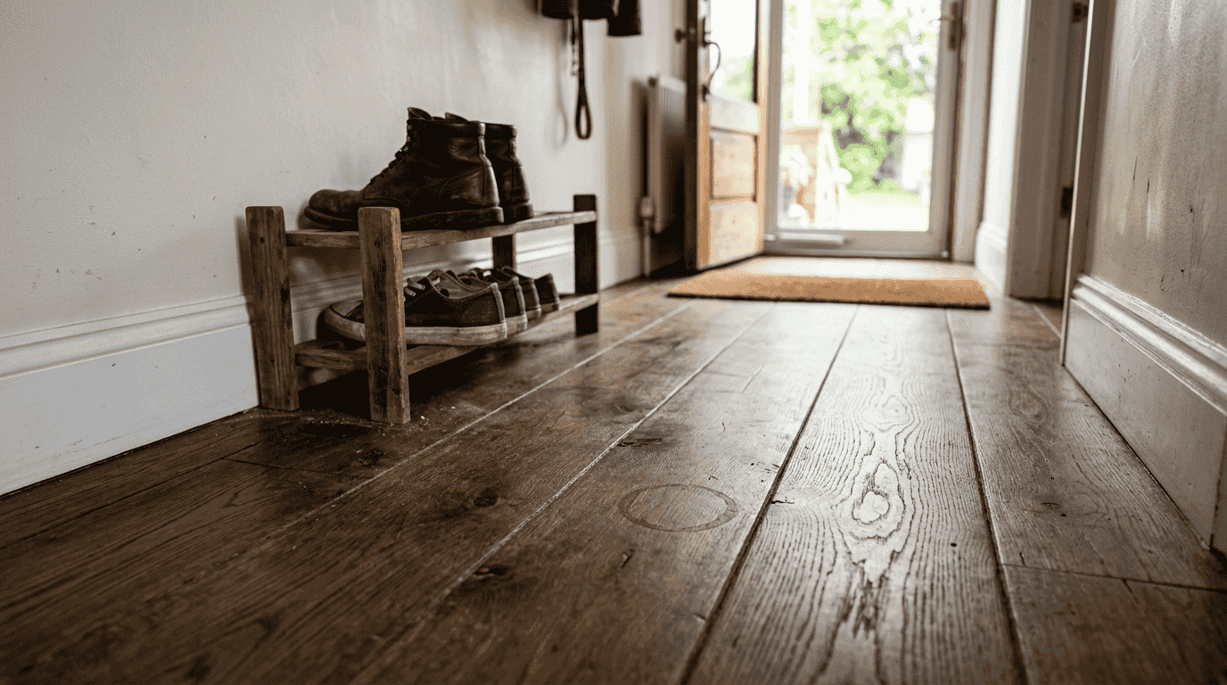 Close-up fumed oak flooring grain detail