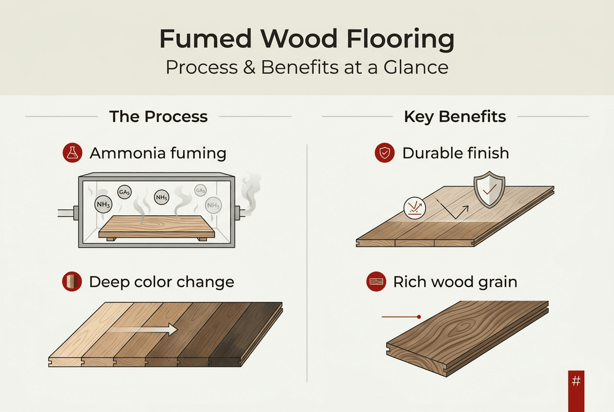 Infographic showing fumed wood flooring process and benefits