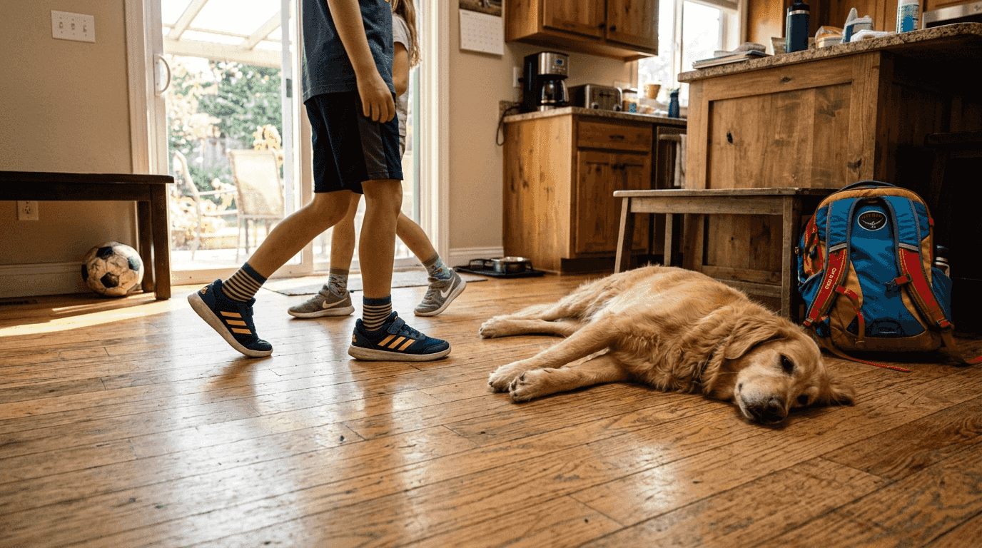 Hickory hardwood flooring in busy kitchen