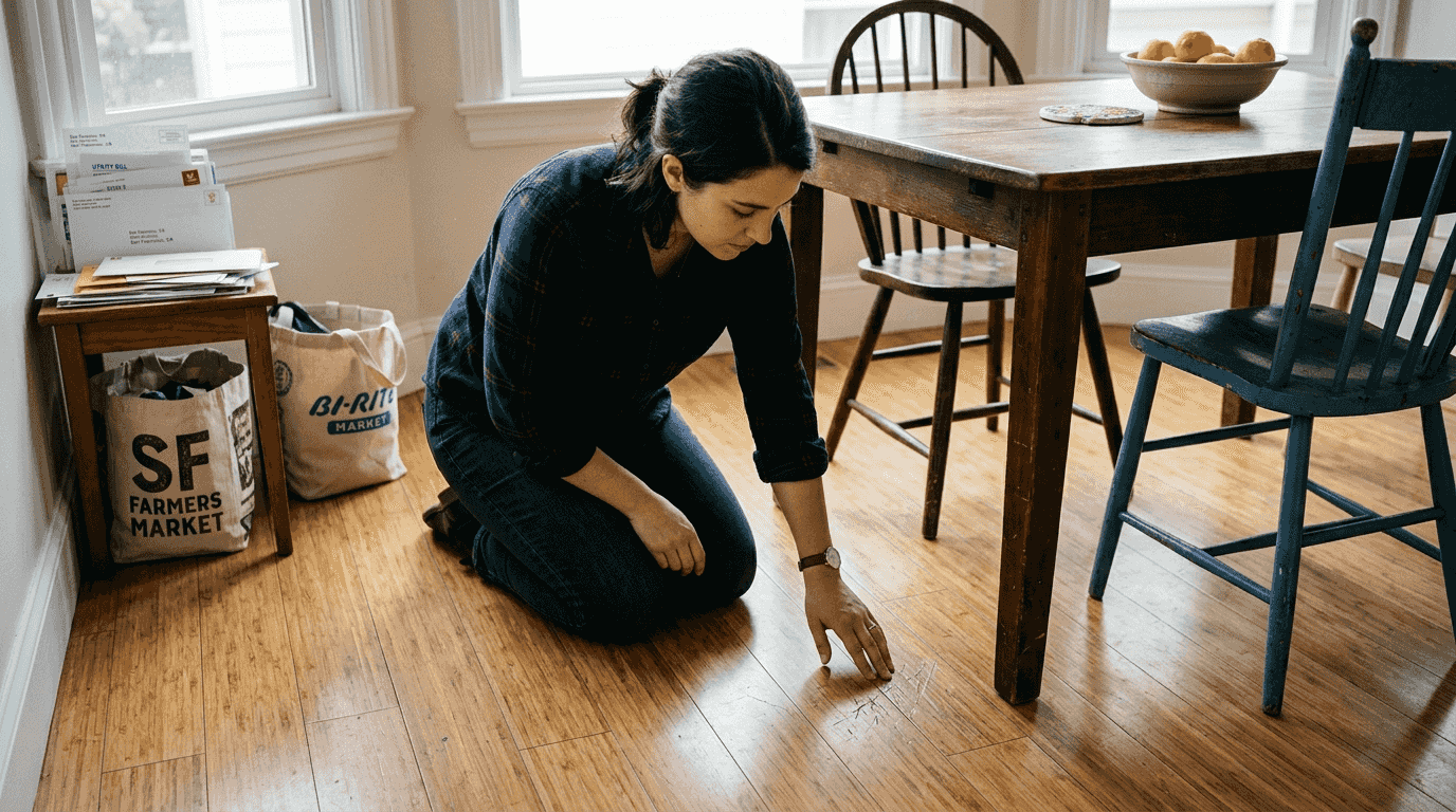 Homeowner inspecting bamboo wood flooring