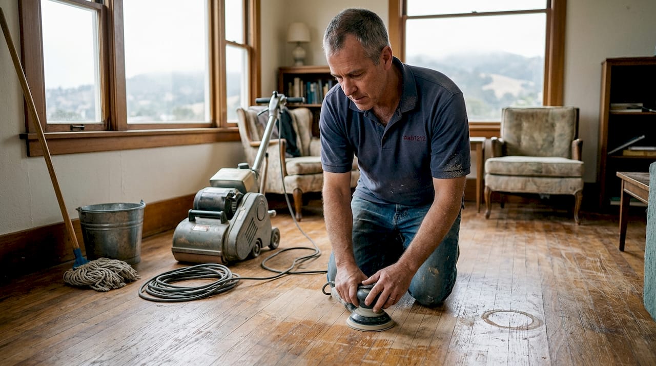Floor specialist sanding hardwood in bungalow