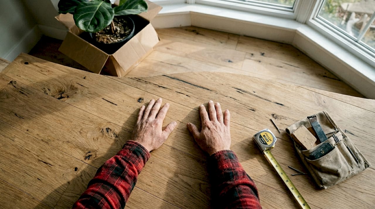 Hands touching grain on wide plank floor