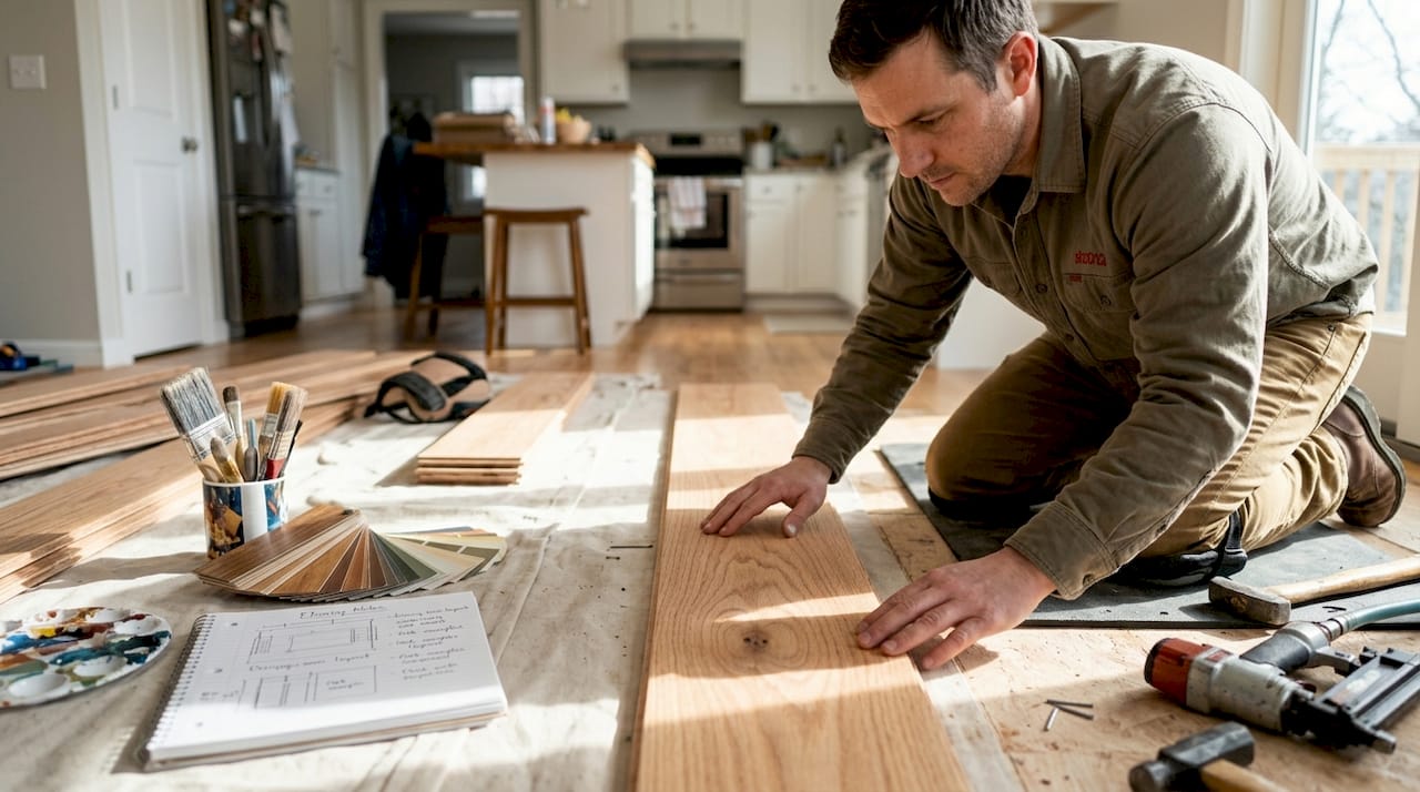 Installer inspecting red oak grain patterns
