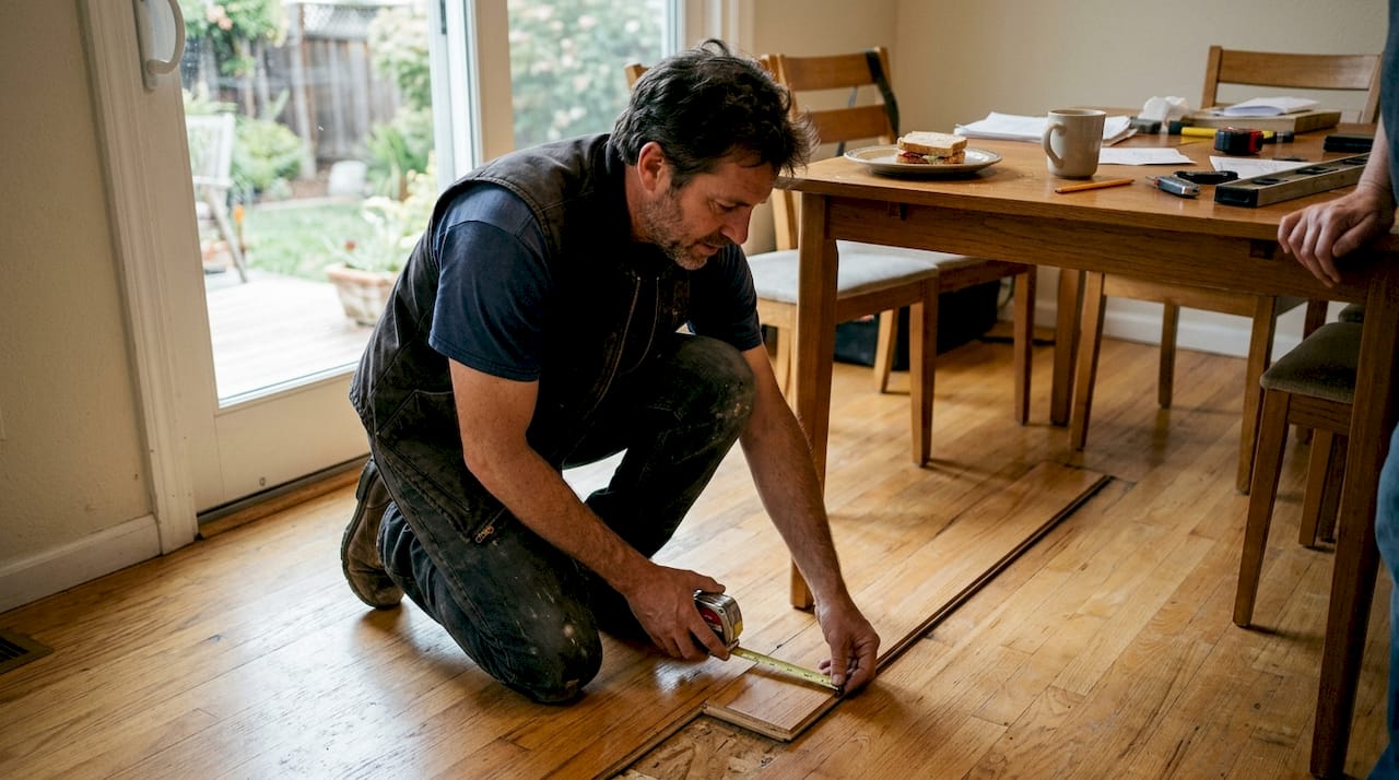 Contractor inspecting engineered hardwood floor layers