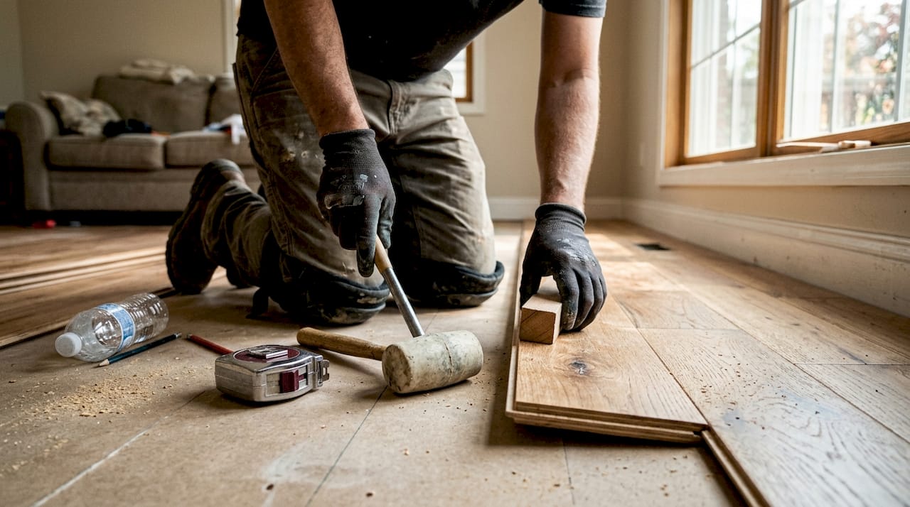 Installer fitting engineered hardwood plank