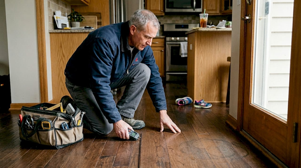 Flooring expert inspecting hardwood for humidity issues