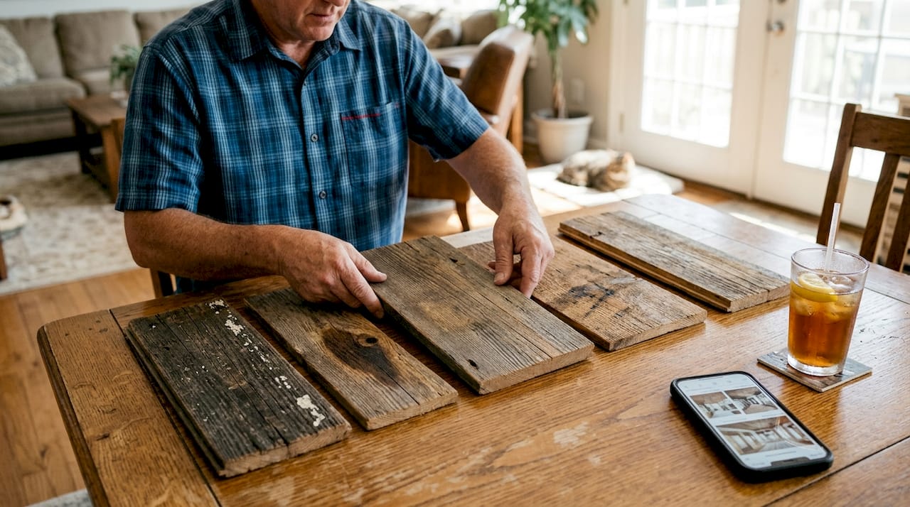 Specialist showing reclaimed wood samples variety