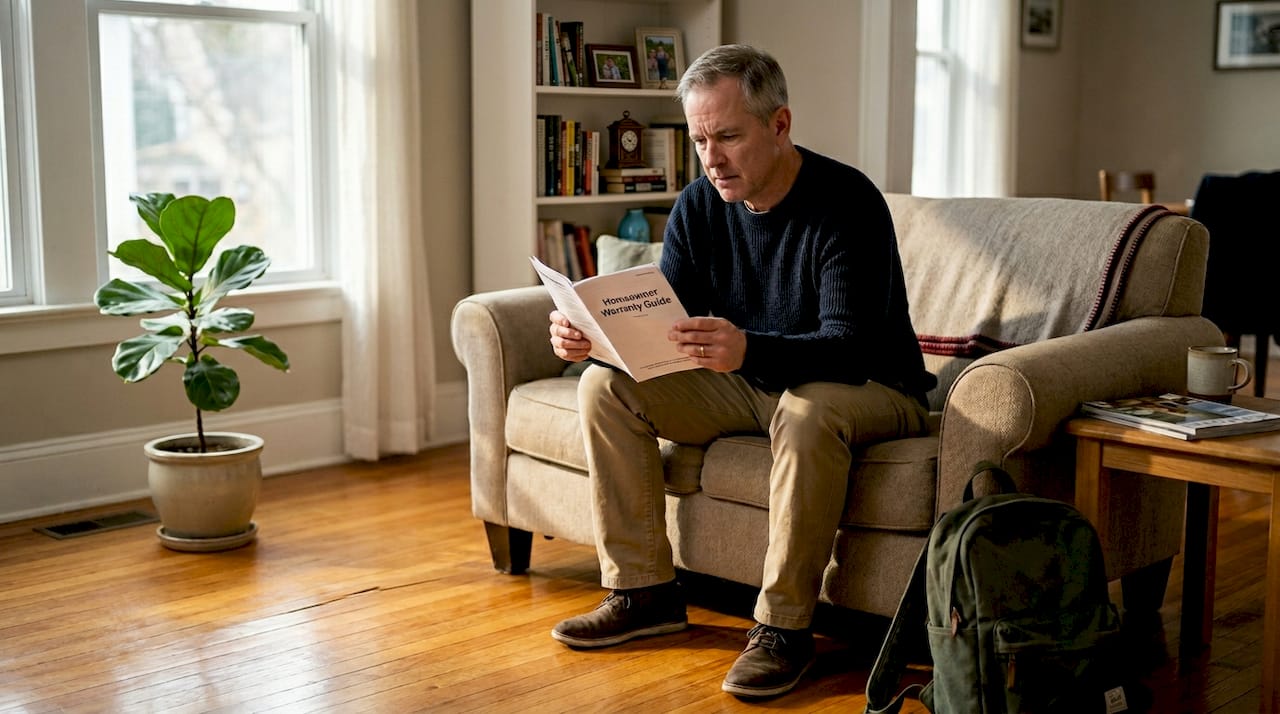Homeowner checking hardwood floor warranty booklet