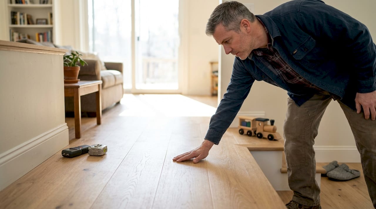 Installer inspects white oak hardwood floor