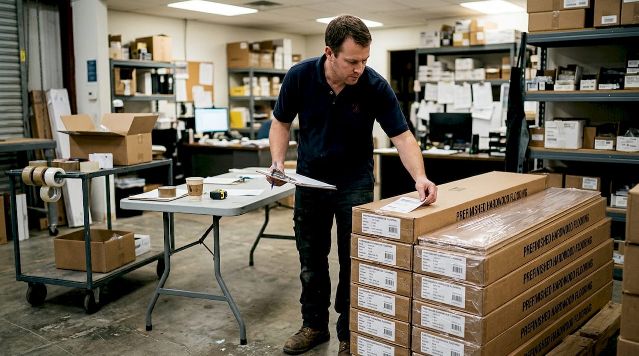 Flooring professional reviewing factory finish options