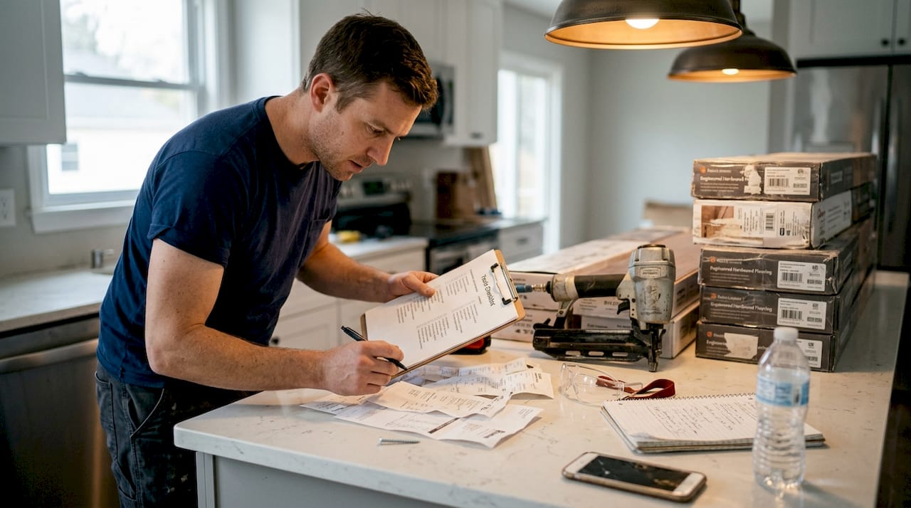 Person organizes hardwood flooring DIY materials