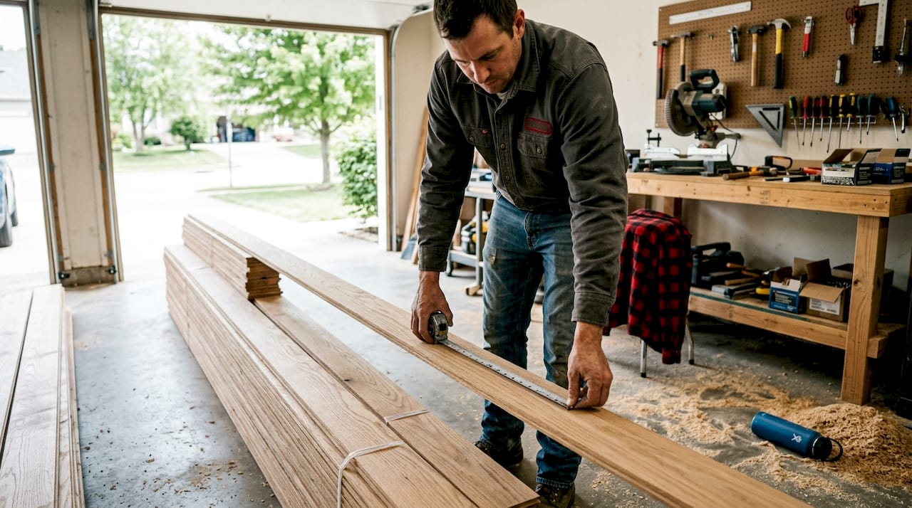 Contractor measuring long hardwood flooring boards