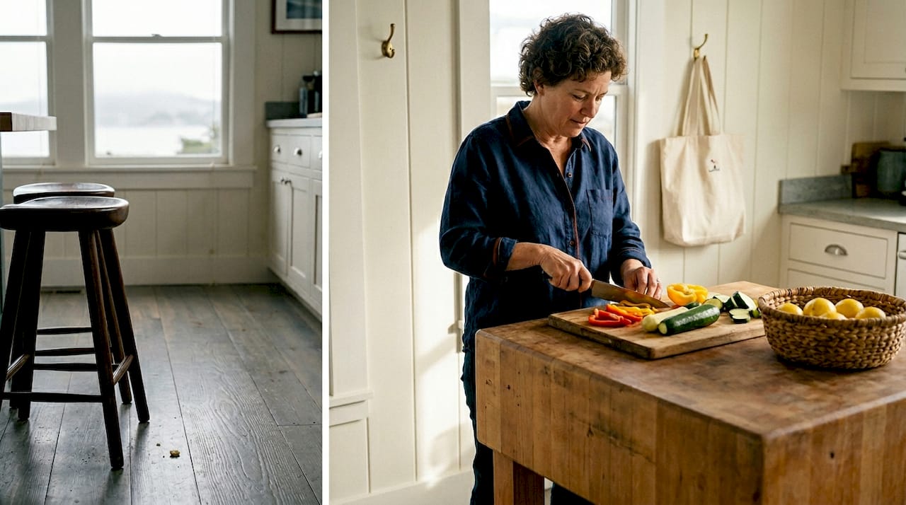 Gray-washed hardwood floor in Bay Area kitchen