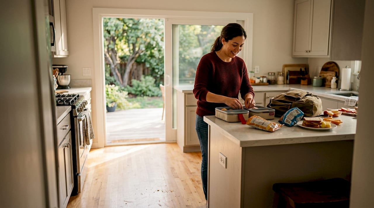 Parent making lunches on maple kitchen floor