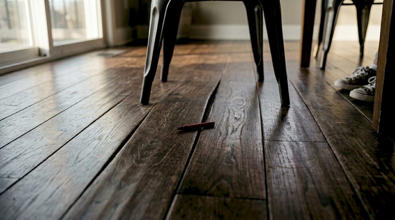 Warped hardwood flooring with visible gaps