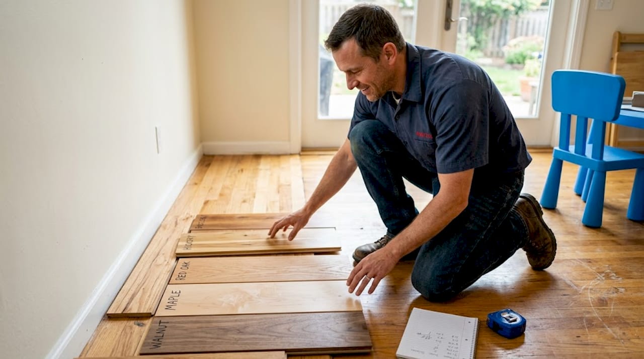 Installer comparing hickory, oak, maple, walnut samples