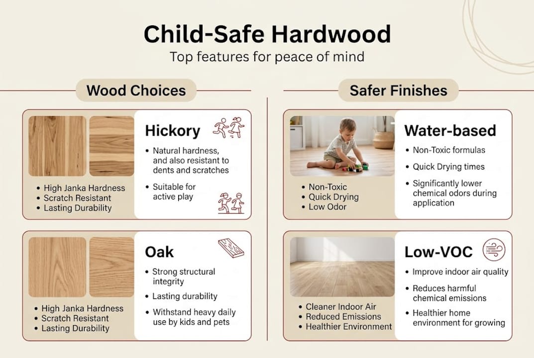 Infographic of safe flooring woods and finishes
