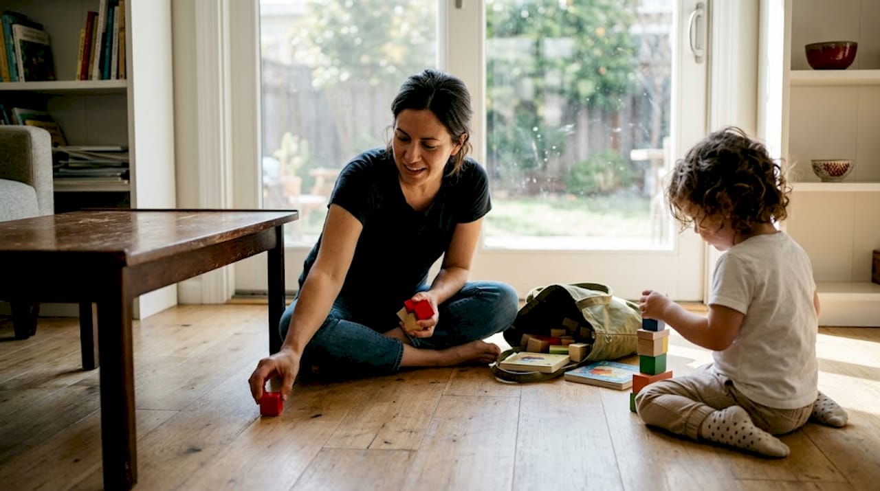 Family interacting on white oak hardwood flooring