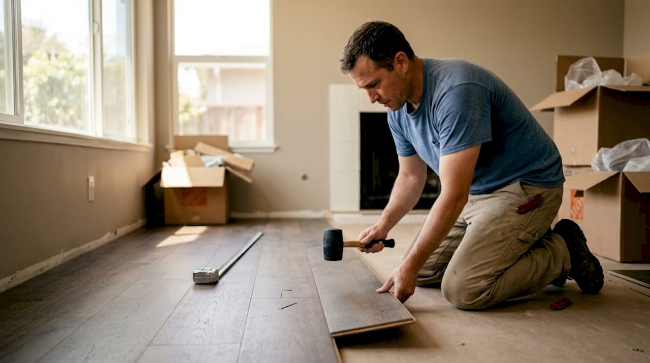 Contractor installing engineered hardwood flooring