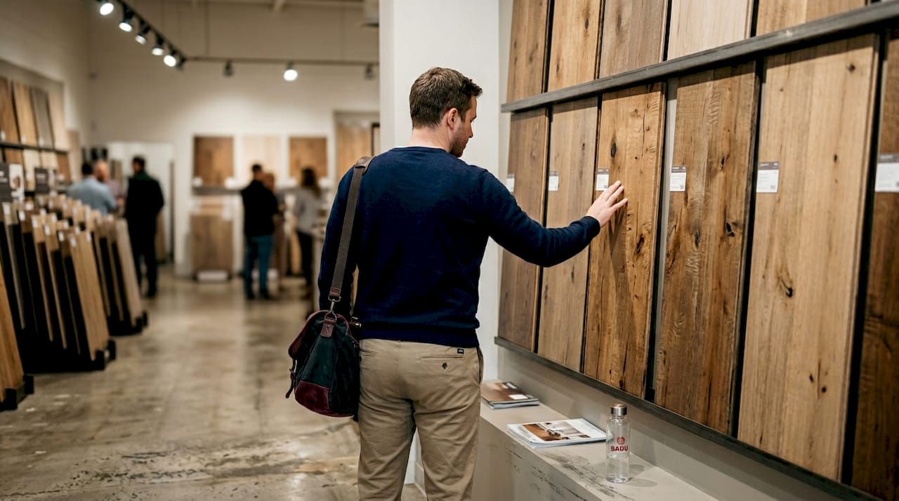 Customer examines hardwood flooring samples