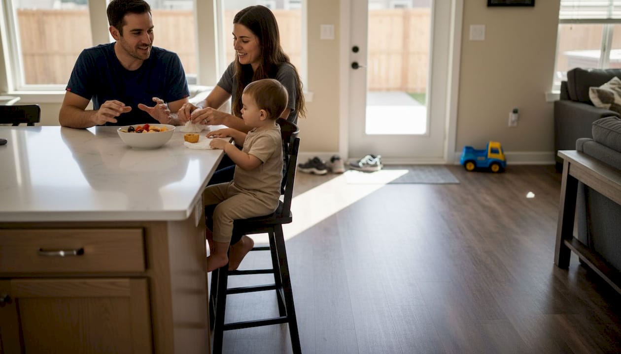 Modern open kitchen with laminate floor and family