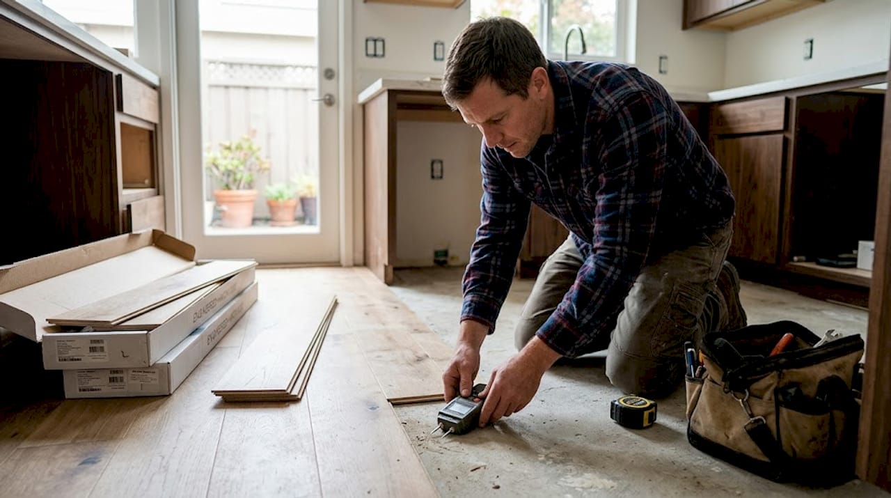 Engineered hardwood being installed in kitchen