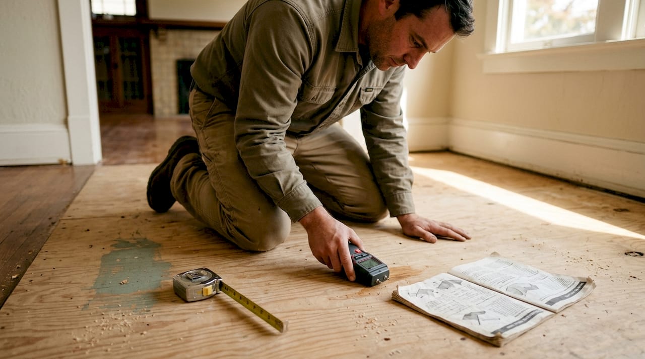 Installer checking plywood subfloor moisture