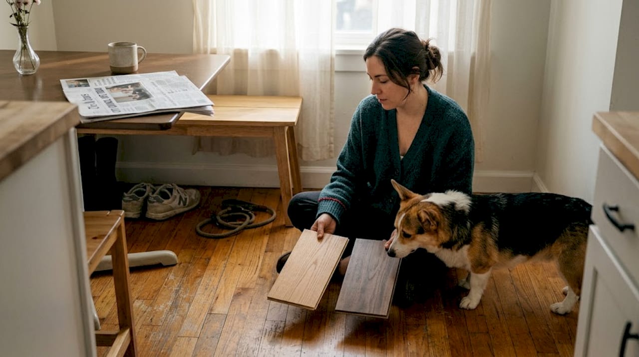 Woman comparing hardwood samples with pet nearby