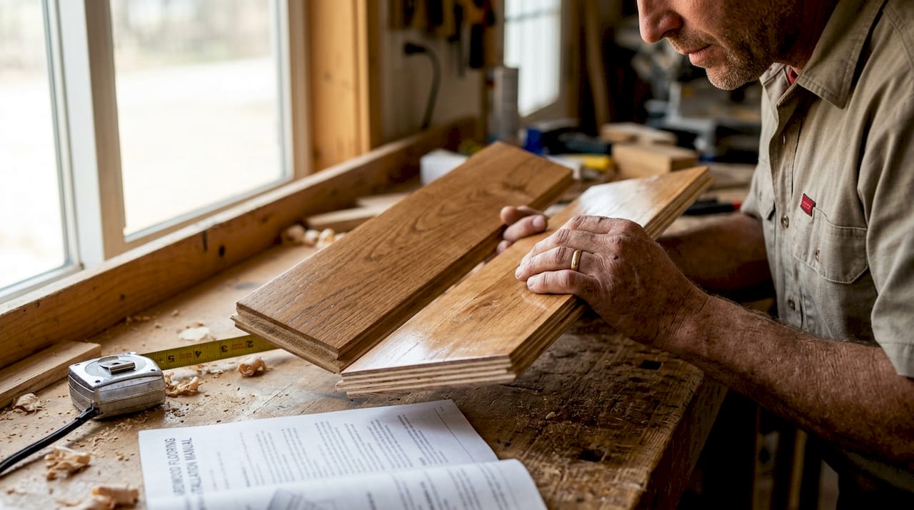 Contractor compares hardwood planks close-up
