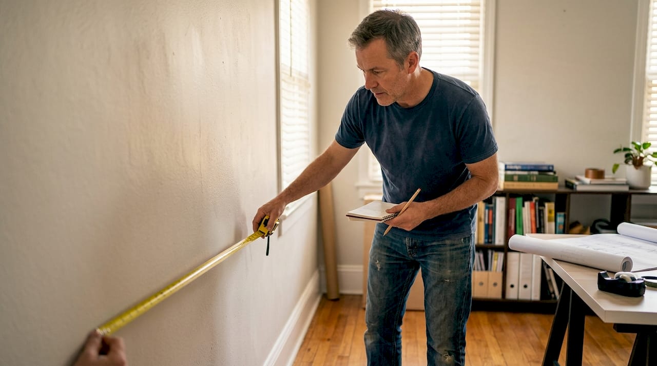 Man measuring length of bedroom wall
