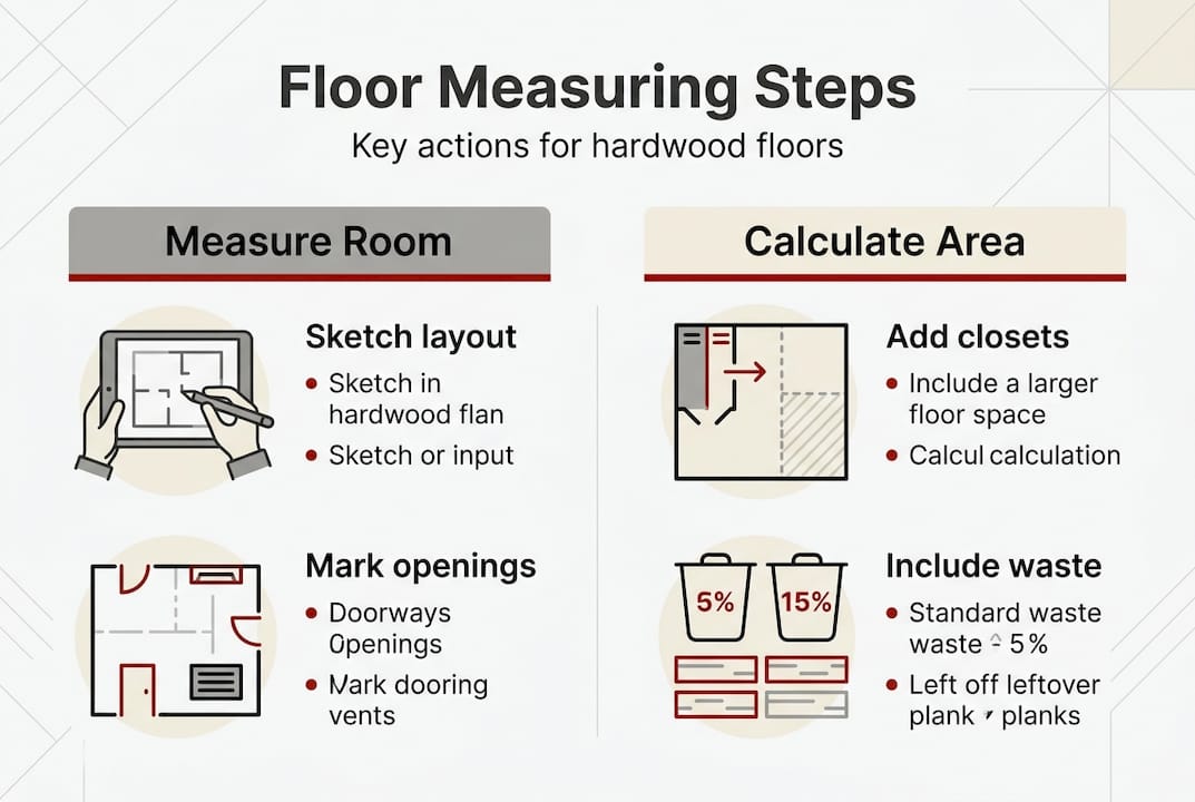 Infographic showing key hardwood floor measuring steps