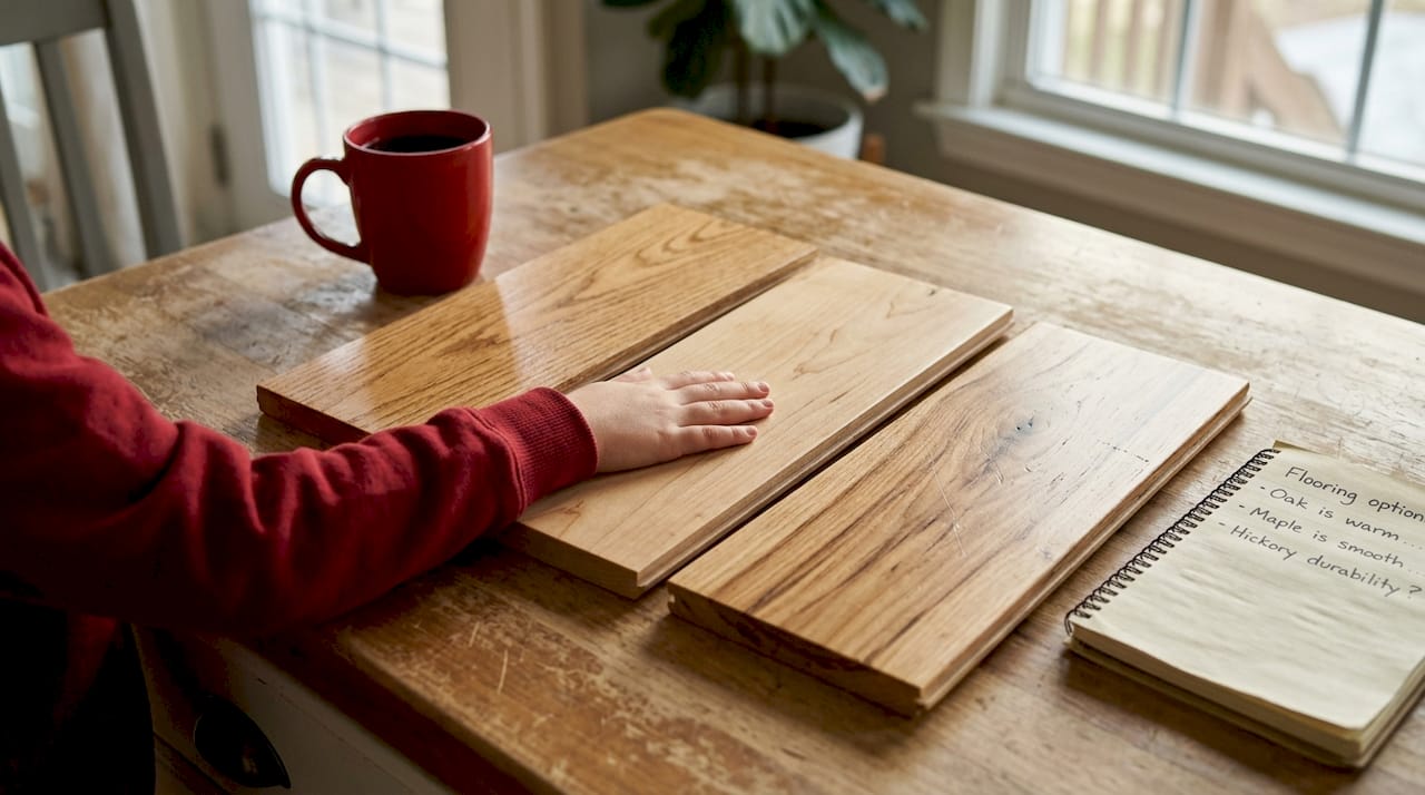 Hardwood samples on kitchen island