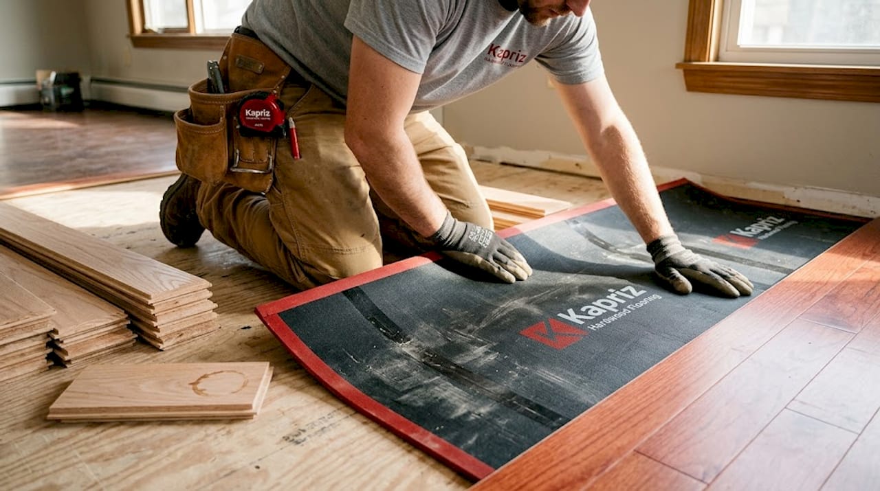 Installer smoothing rubber underlayment on subfloor