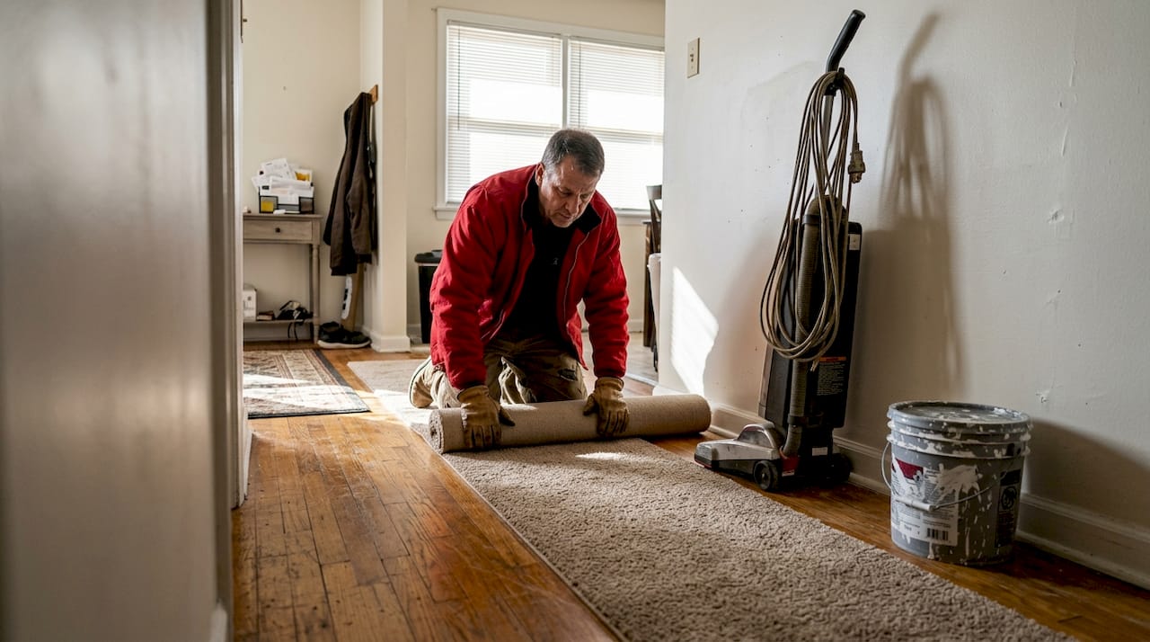Worker installing carpet next to hardwood