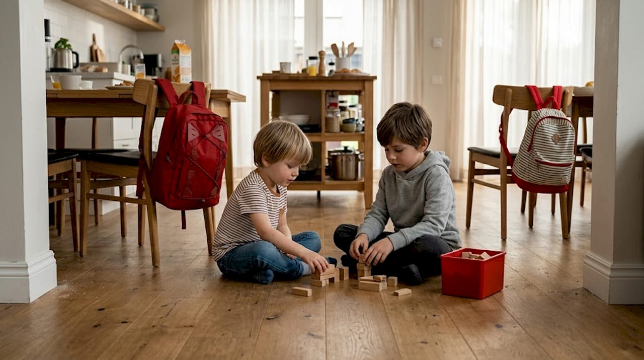 Children playing, matte wood floor shows few marks
