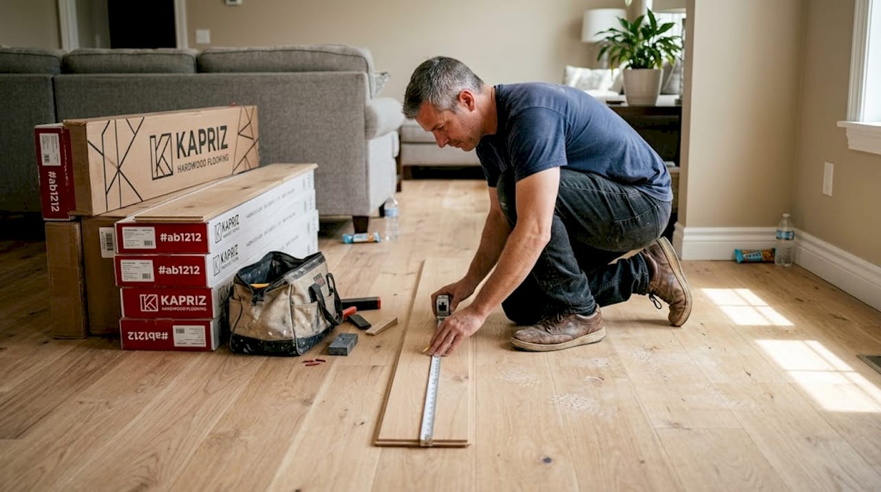 Installer measuring hardwood planks before installation