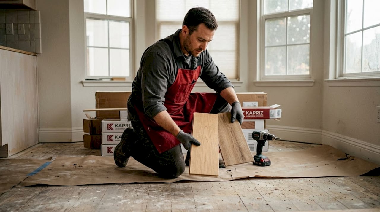 Flooring contractor comparing oak and laminate boards